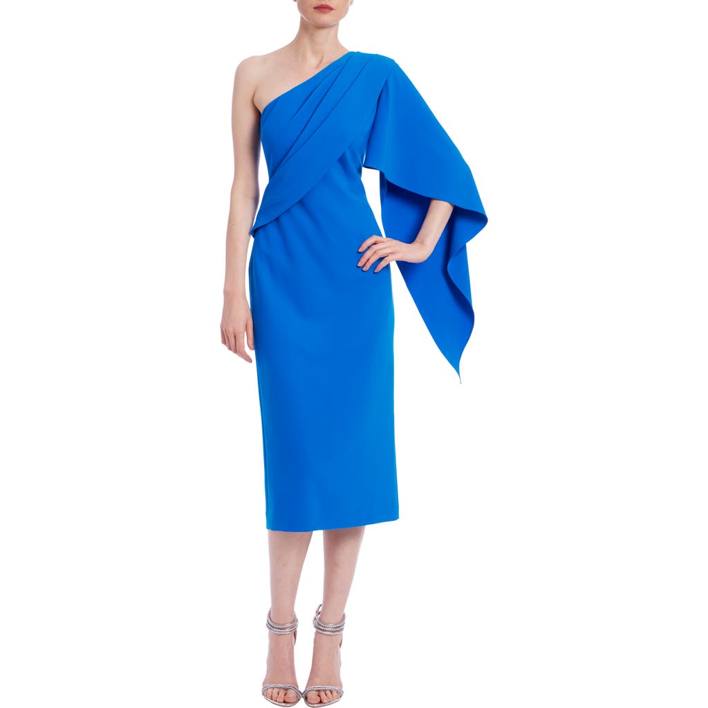 Badgley Mischka Draped One-shoulder Stretch Crepe Midi Dress In Cobalt