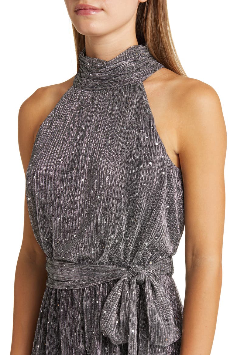 Sequin Metallic Halter Neck Jumpsuit, Alternate, color, SILVER