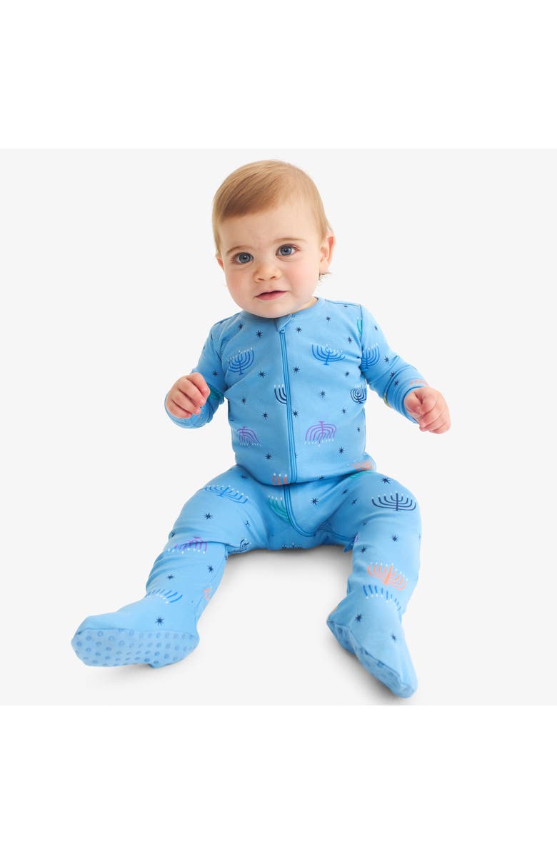 Primary Baby Organic Zip Footie In Rainbow Menorahs, Alternate, color, Cornflower