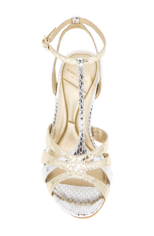 Kenneth Cole Liona Embossed T-strap Sandal In Silver/gold Metallic
