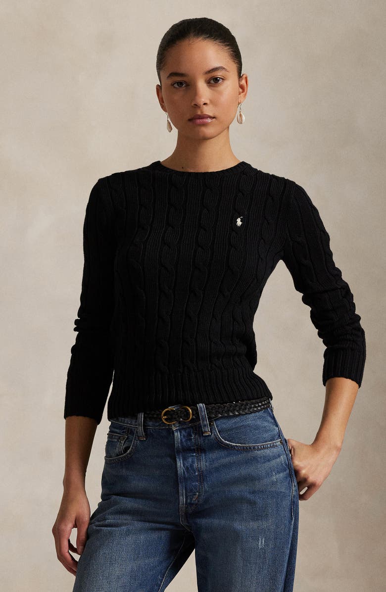 Polo Ralph Lauren Julianna Pima Cotton Cable Knit Crewneck Sweater, Alternate, color, Polo Black/ White Pp