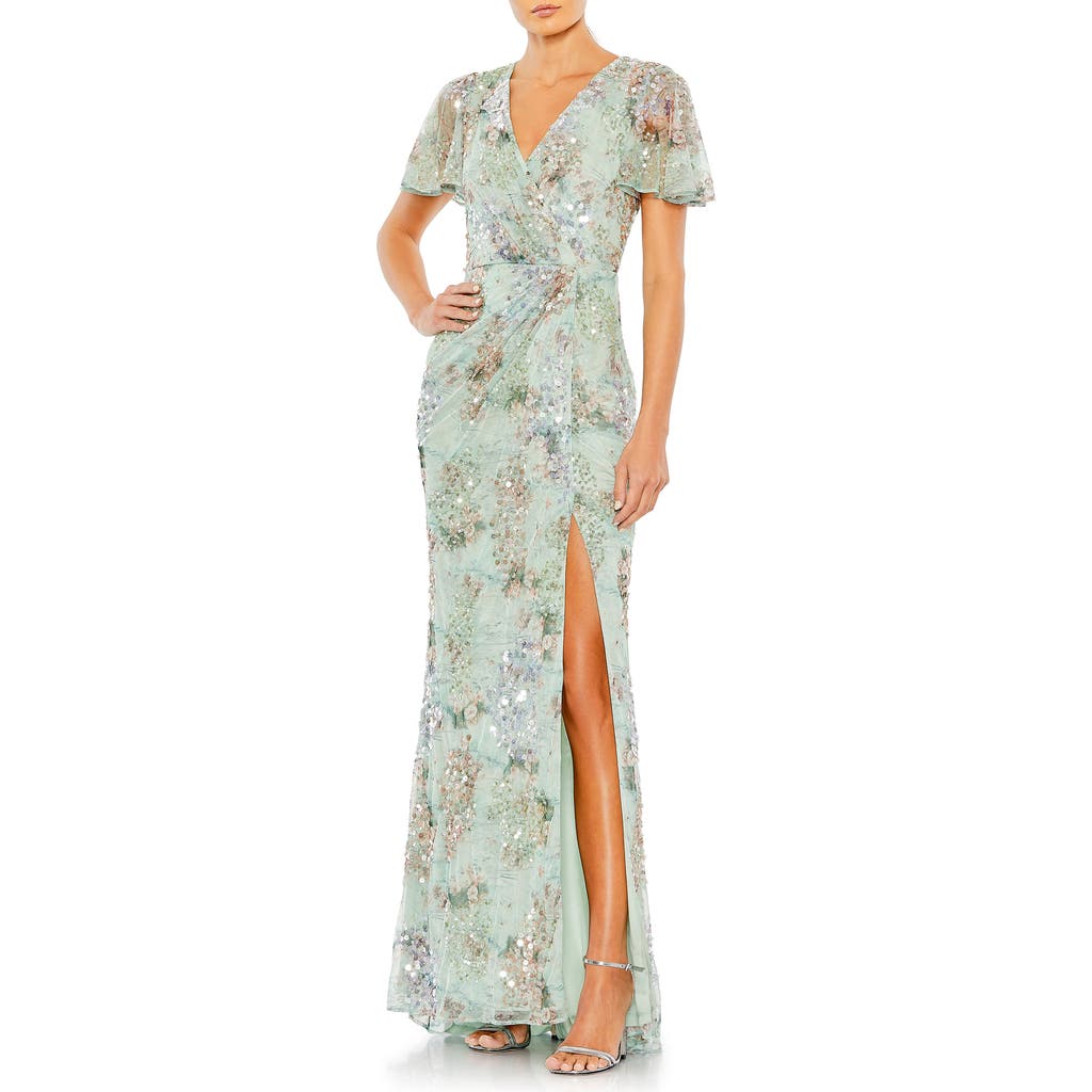 Mac Duggal Embellished Butterfly Sleeve Faux Wrap Gown In Seamist