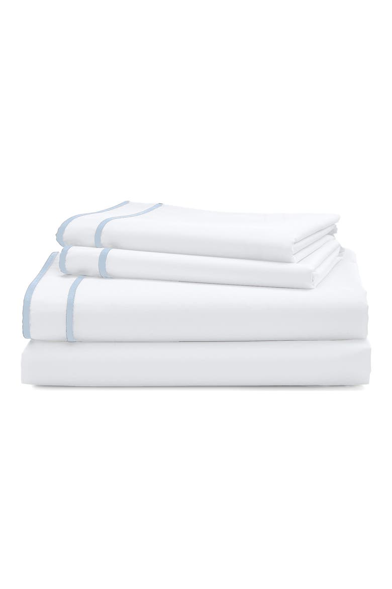 Spencer Border 230 Thread Count Sateen Sheet Set, Main, color, BLUE CORNFLOWER