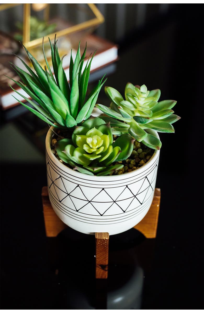FLORA BUNDA White/Black Geo Platner on Wood Stand, Alternate, color, White/Black