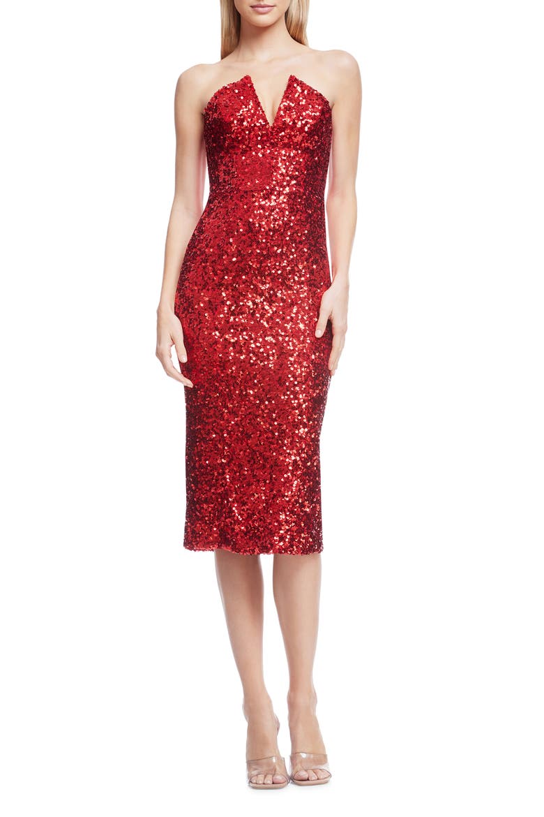 Perla Strapless Sequin Cocktail Dress, Main, color, ROUGE