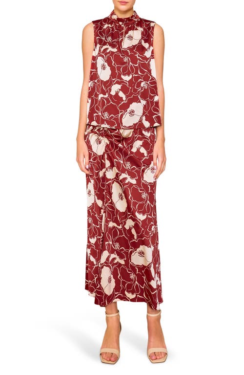 Melloday Floral Satin Ruched Midi Skirt In Rust Stone Floral