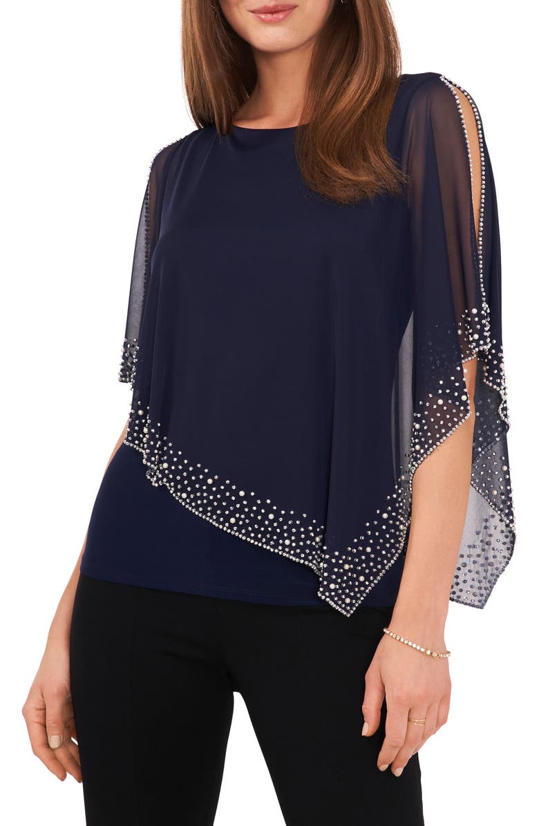 Chaus Imitation Pearl Bead Overlay Cape Top, Main, color, Navy