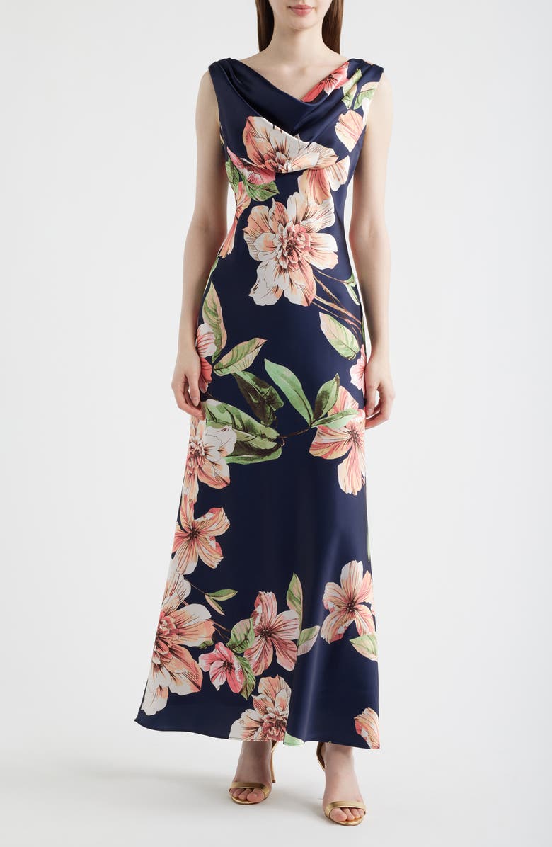 Eliza J Floral Cowl Neck Satin Gown, Main, color, Navy