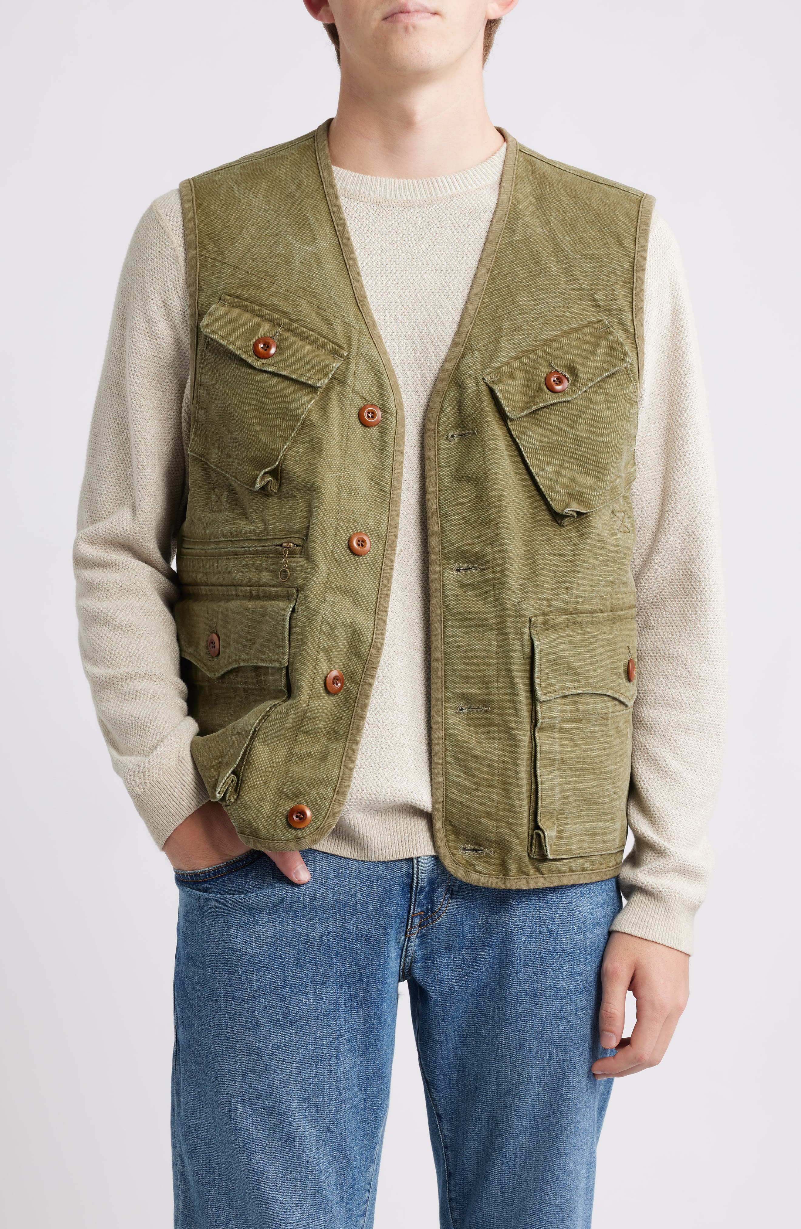 Schott NYC Stonewashed Compound Cotton Vest in Olive 