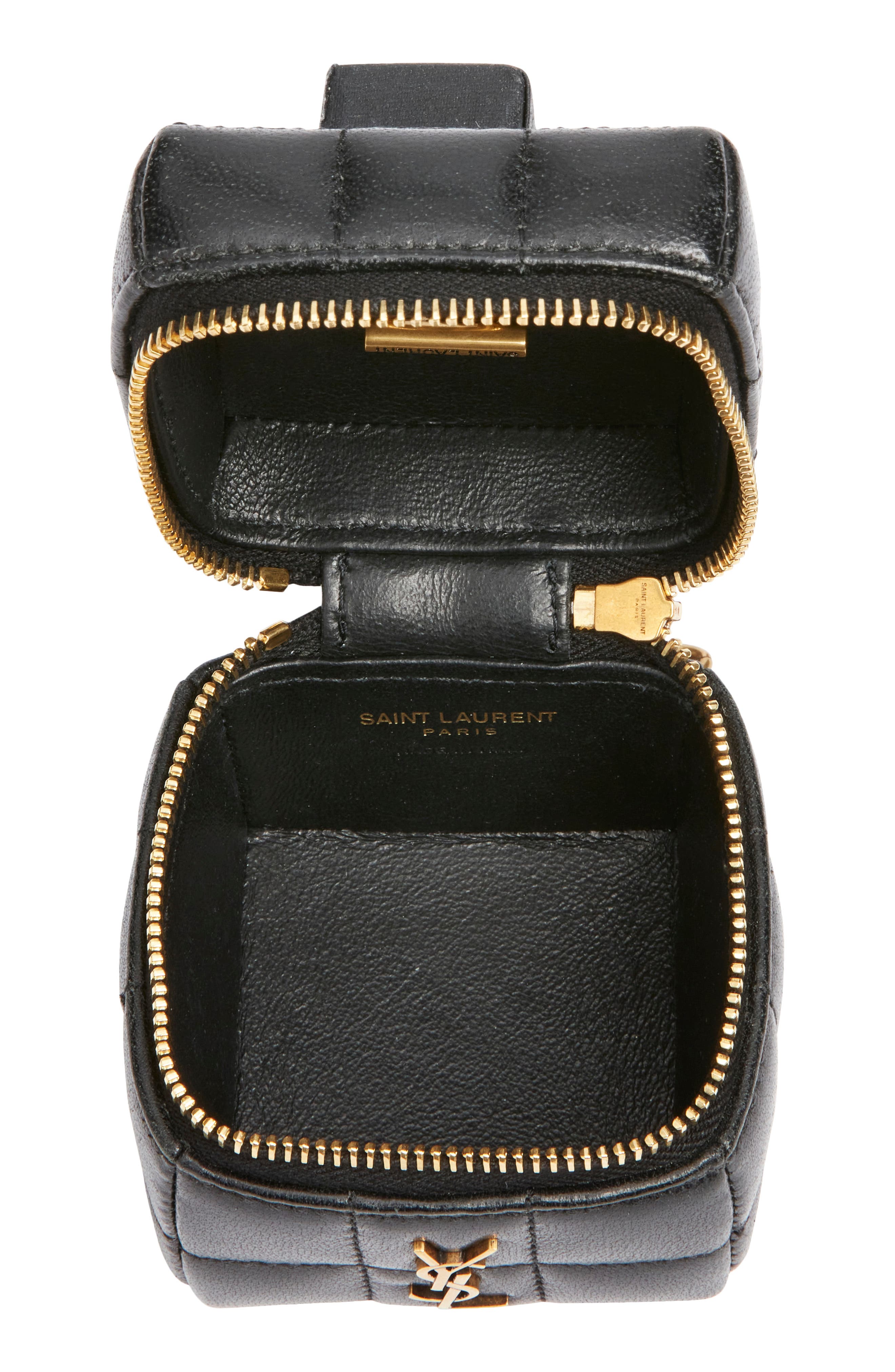 Saint Laurent Mini Cassandre Matelassé Carré Leather Wristlet, Alternate, color, Noir