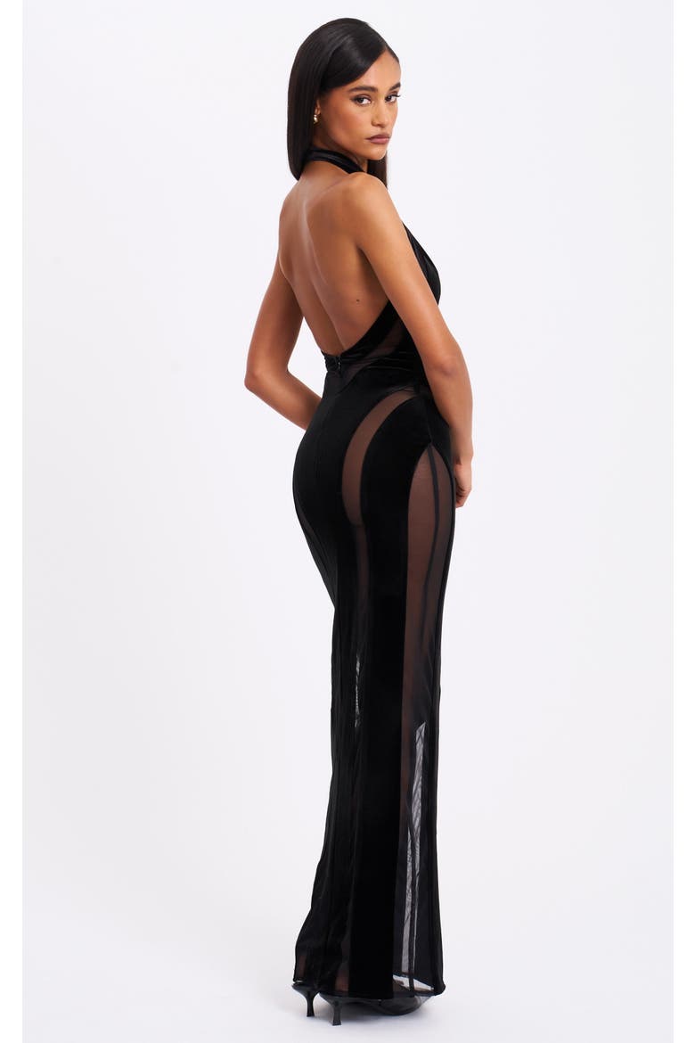 Paityn Velvet Mesh Cutout Halter Gown, Alternate, color, Black