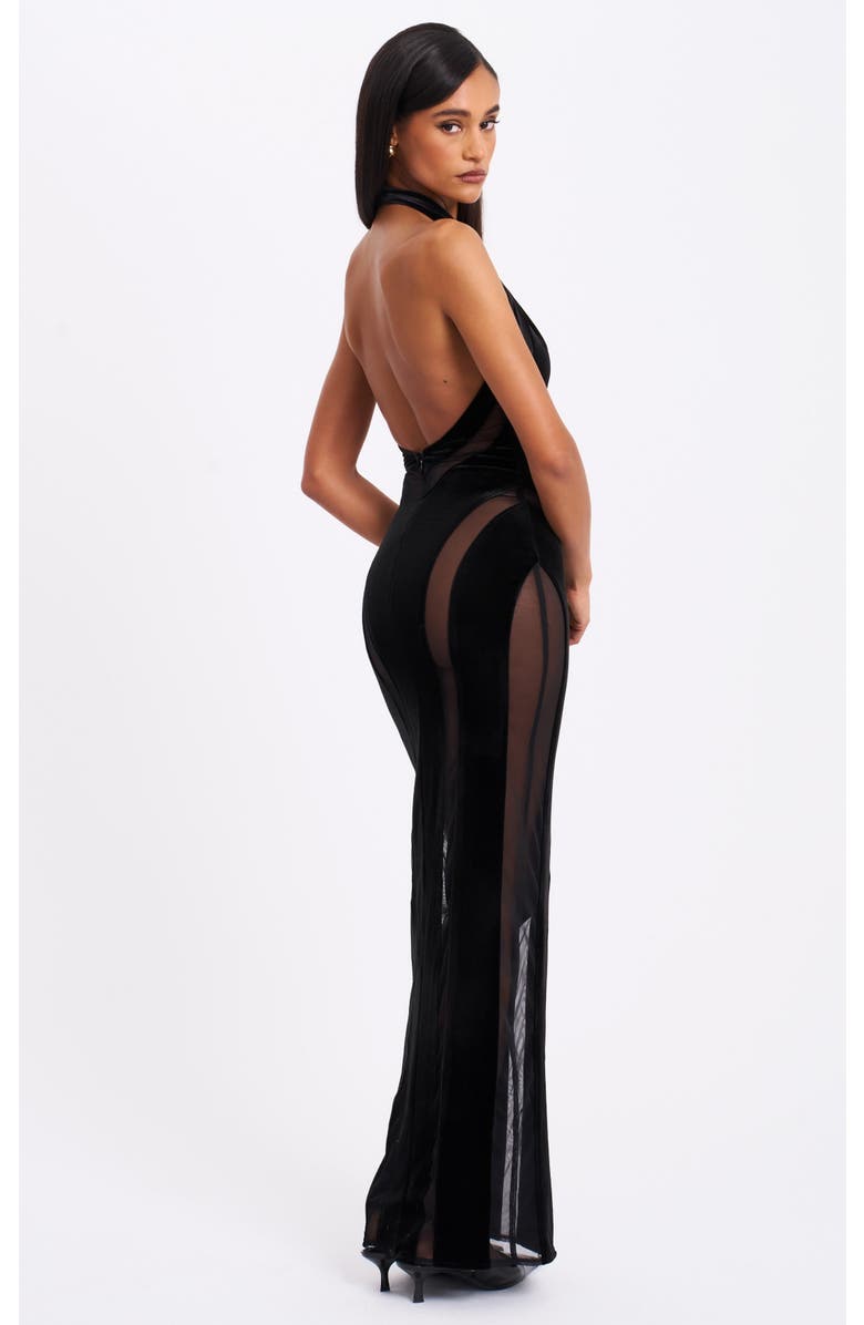 Miss Circle Paityn Velvet Mesh Cutout Halter Gown, Alternate, color, Black