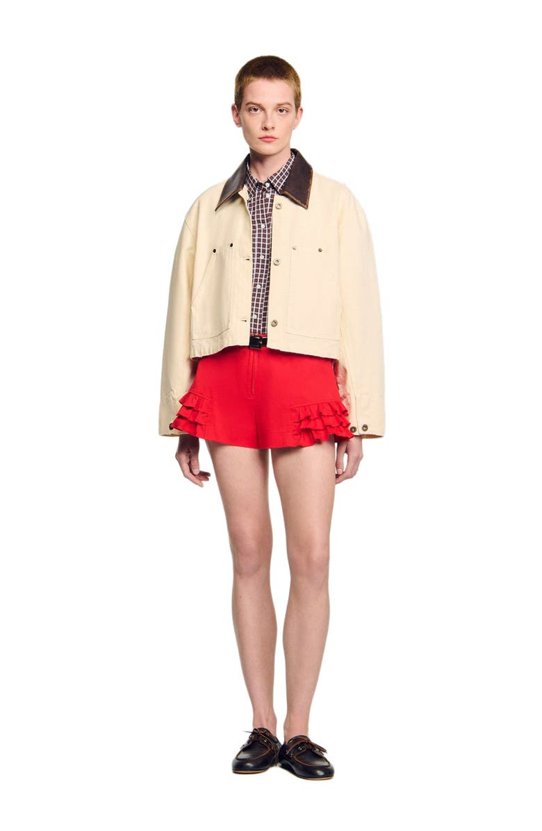 SANDRO Leather collar workwear jacket, Alternate, color, Ecru