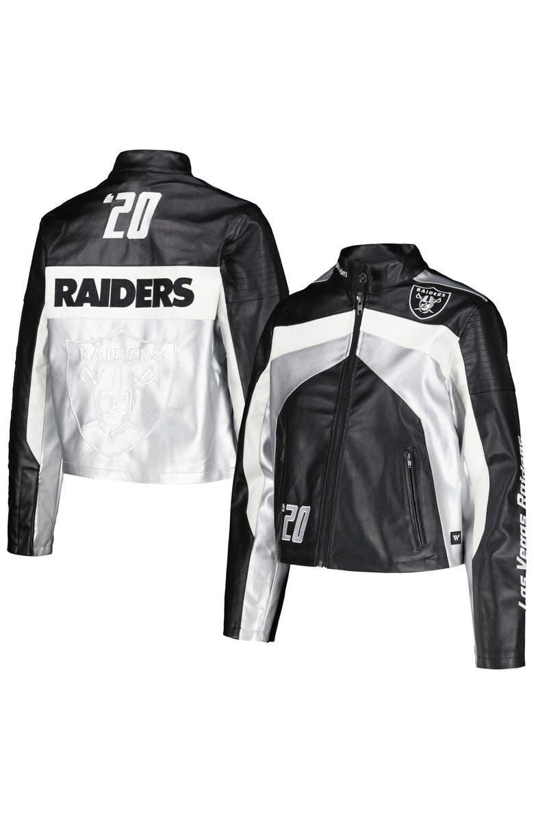 THE WILD COLLECTIVE Women's The Wild Collective  Black Las Vegas Raiders Faux Leather Full-Zip Racing Jacket, Main, color, Black