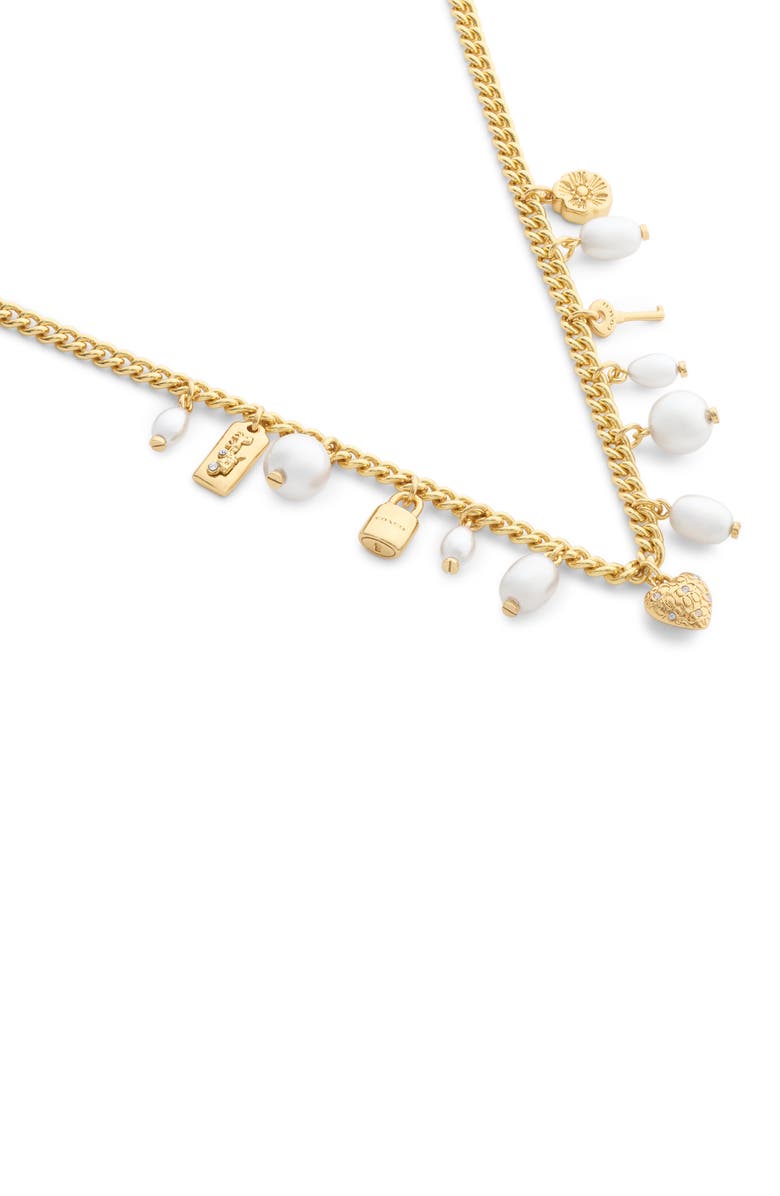 COACH Iconic Faux Pearl Charm Necklace, Alternate, color, Pearl/ Gold