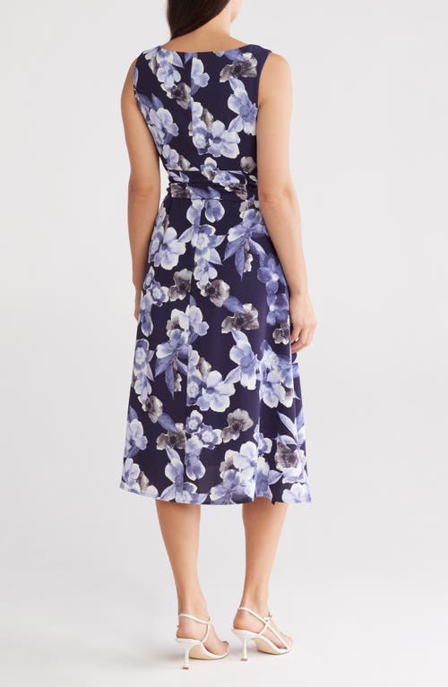Connected Apparel Waist Tie Midi Dress In Navy