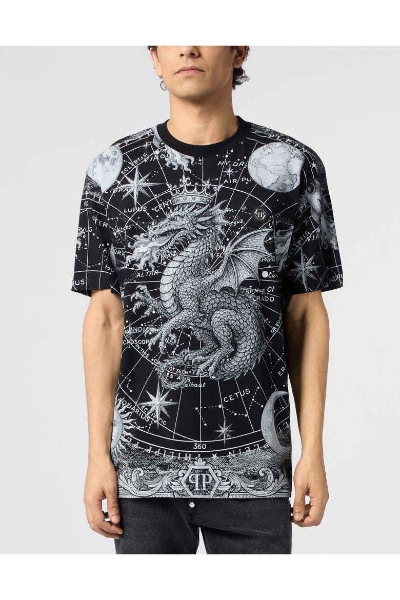Round Neck T-Shirt All-Over Zodiac Men, Main, color, black