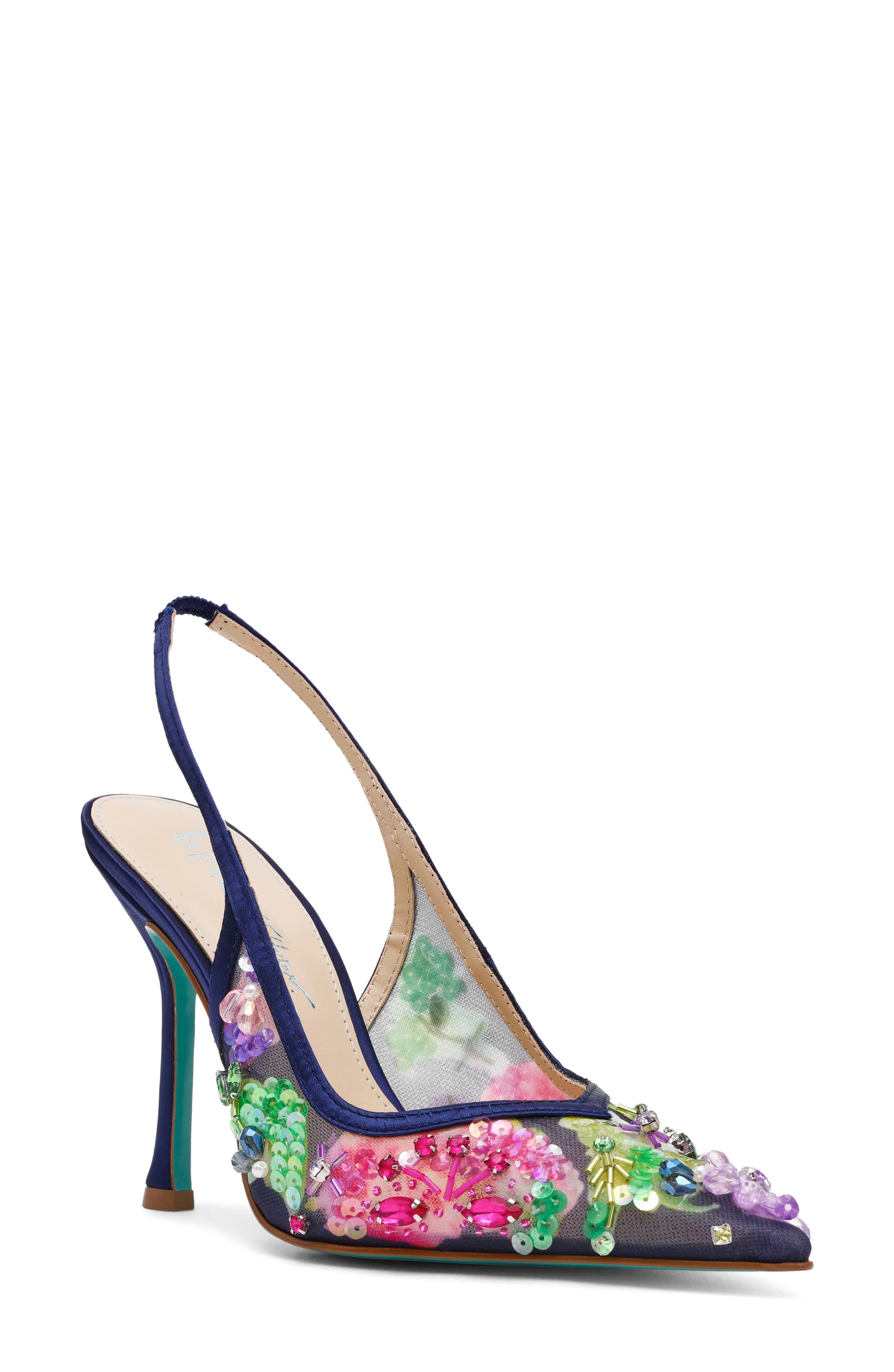 Betsey Johnson Eddie Pointed Toe Slingback Pump, Main, color, Navy Multi