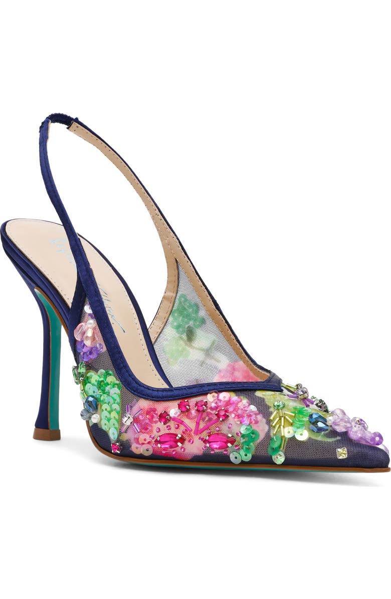 Betsey Johnson Eddie Pointed Toe Slingback Pump, Main, color, Navy Multi