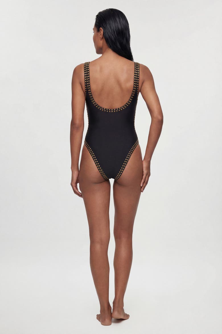 Studded Trim One Piece Swimsuit, Alternate, color, Black
