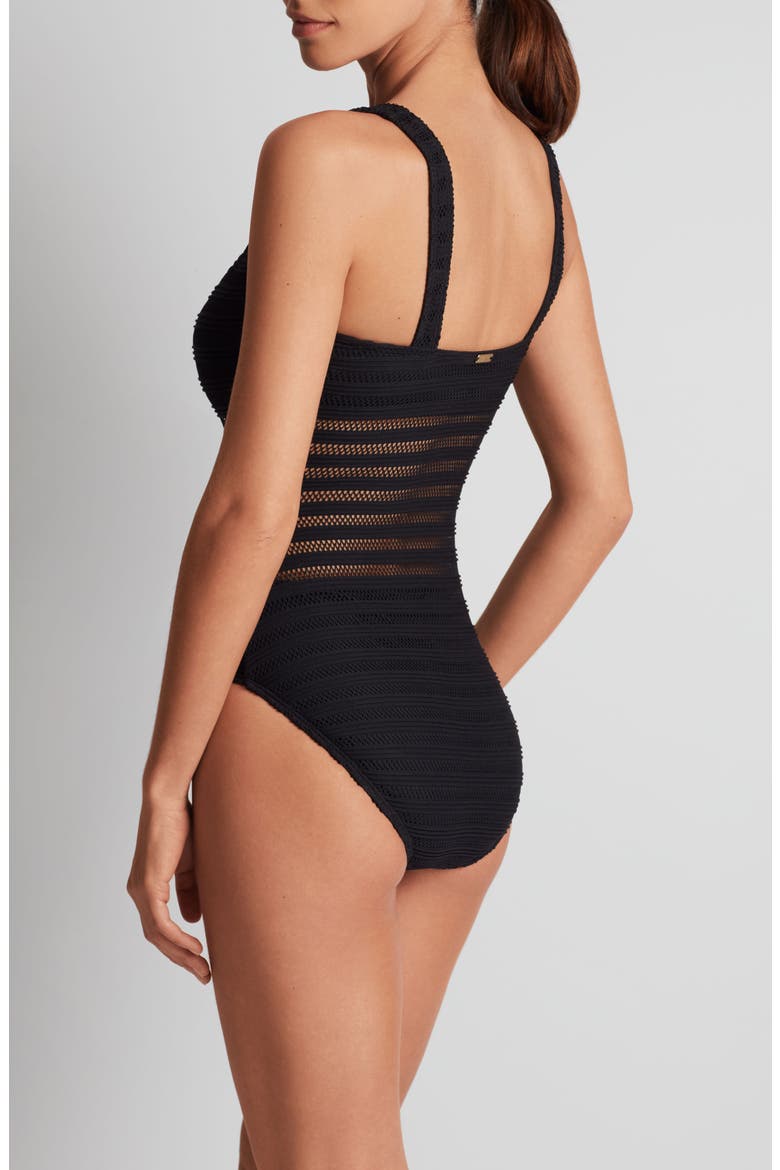 Mesh Stripe One-Piece Swimsuit, Alternate, color, BLACK