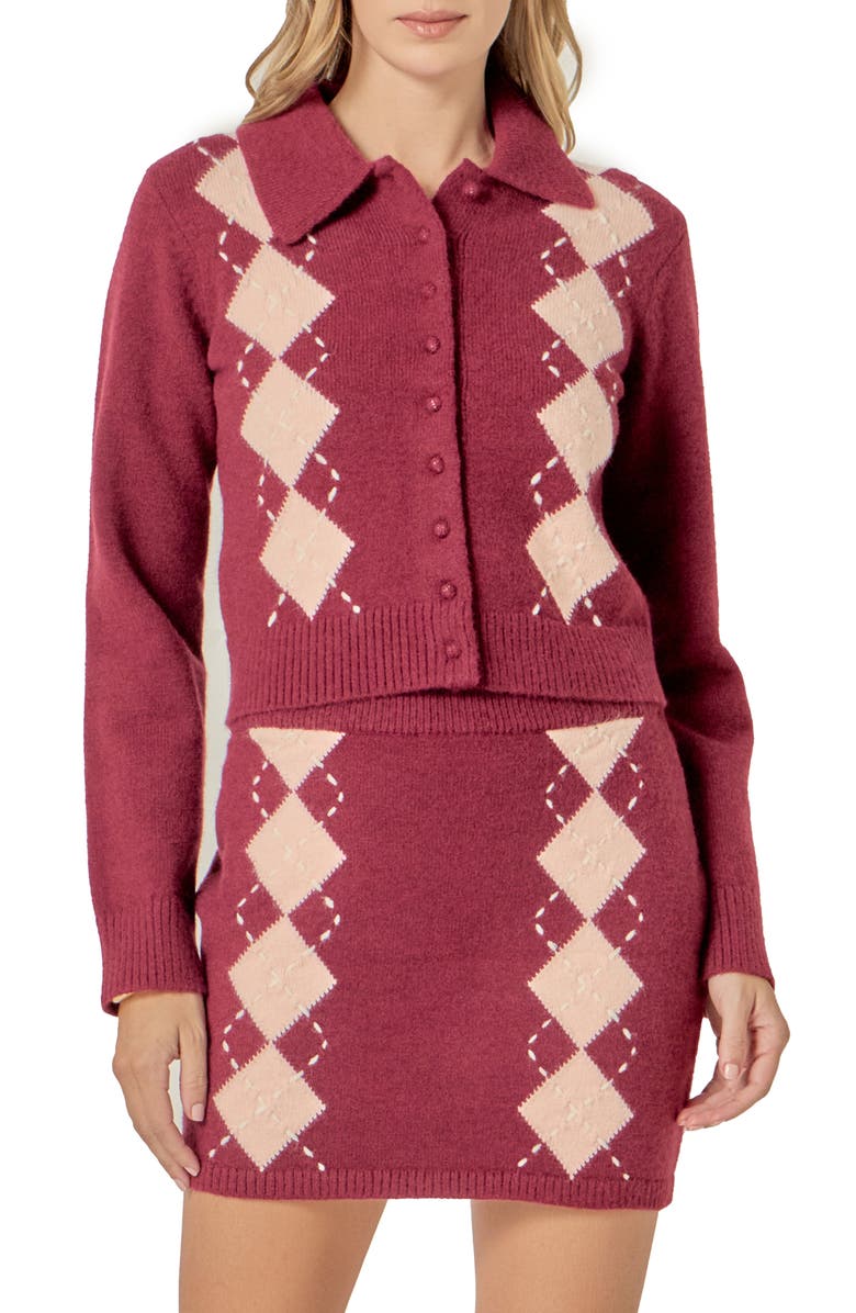 English Factory Collared Argyle Cardigan, Main, color, Burgundy/ Salmon