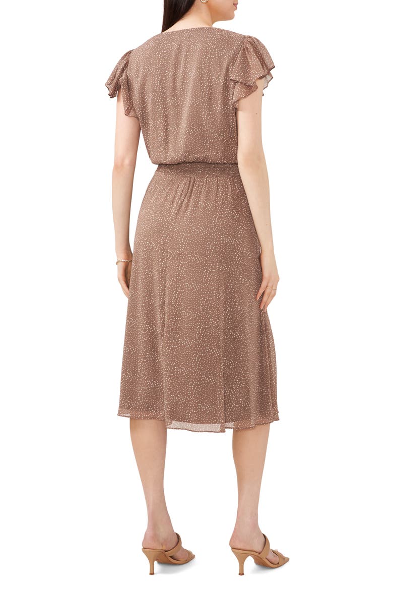 Dot Print Smock Waist Flutter Sleeve Midi Dress, Alternate, color, MOCHA / WHITE