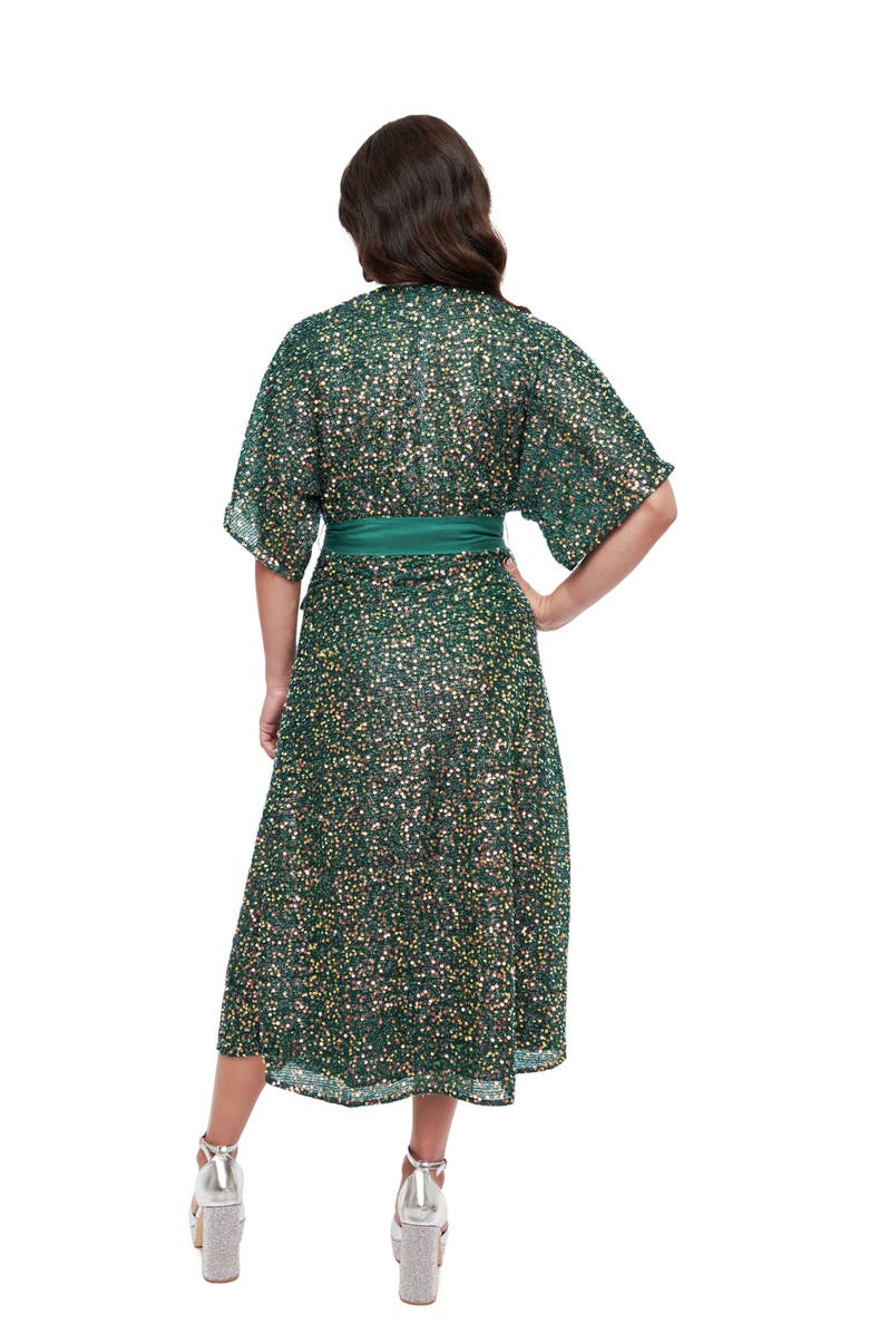 Unique Vintage Sequin Tie Wrap Surplice Midi Dress, Alternate, color, Green