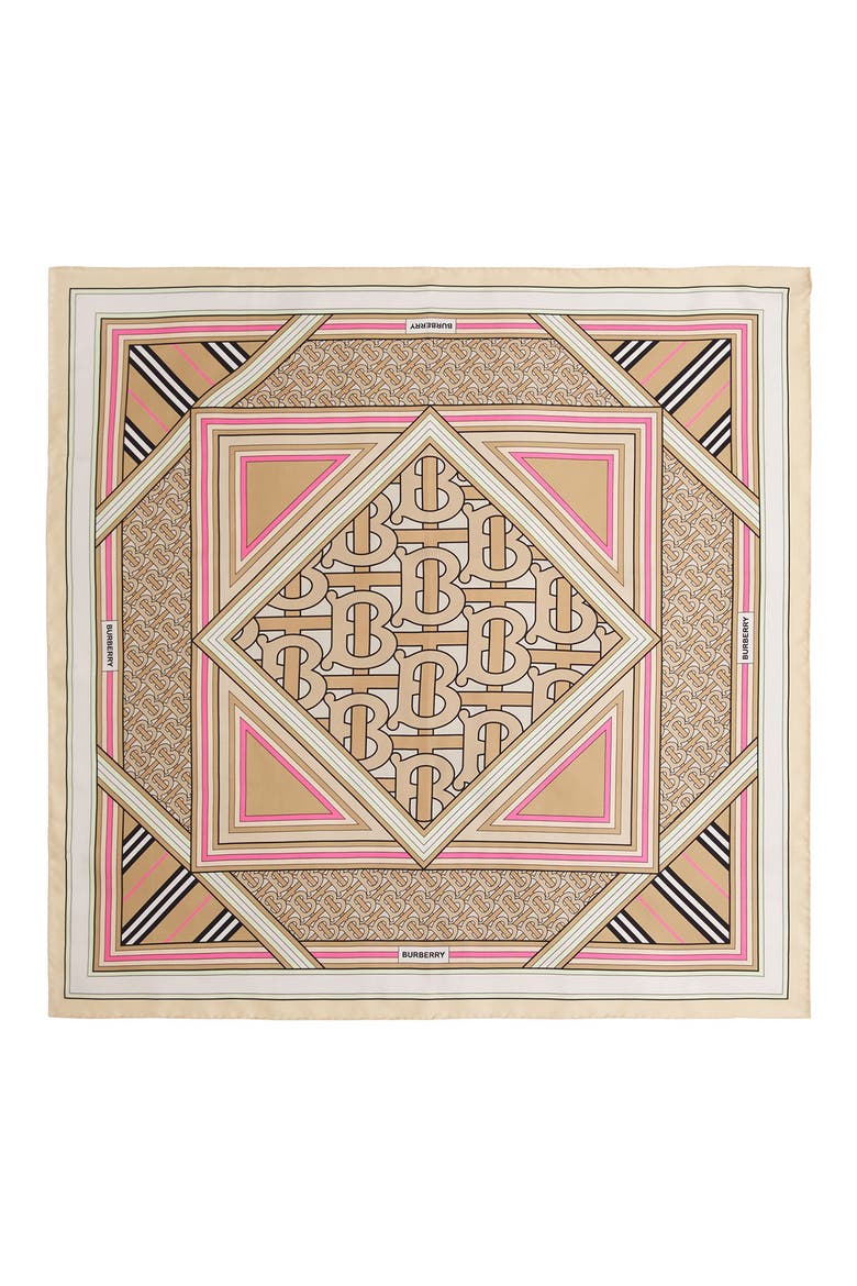 Monogram Print Square Silk Scarf, Main, color, BEIGE/ PALE PINK