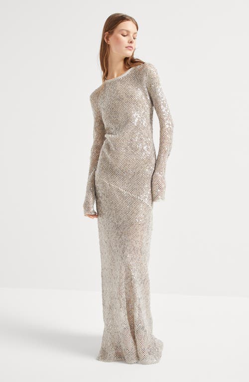 Brunello Cucinelli Women Dazzling Net Embroidery Knit Dress In Linen And Silk In Lessivè