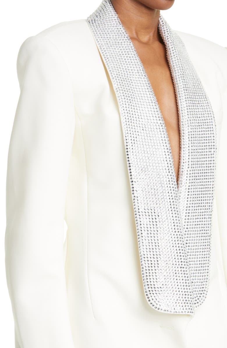 Area Crystal Embellished Cutout Long Sleeve Tuxedo Minidress, Alternate, color,