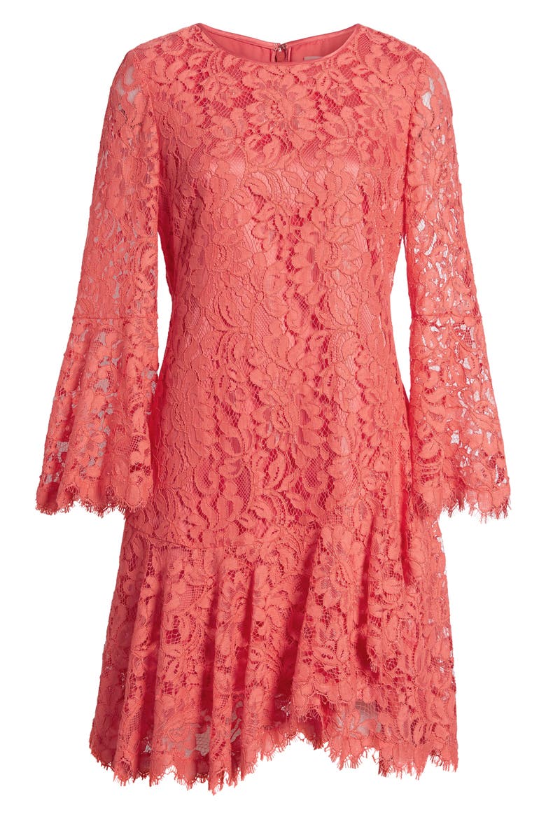 Lace Bell Sleeve Dress, Alternate, color, CORAL