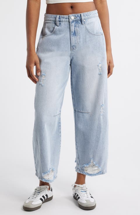 Low Loose Distressed Barrel Leg Jeans