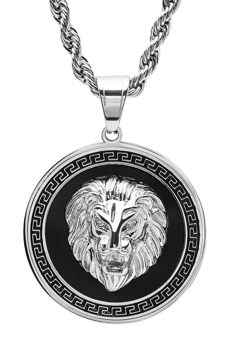 Men's Stainless Steel Lion Head Pendant Necklace, Alternate, color, SILVER/BLACK