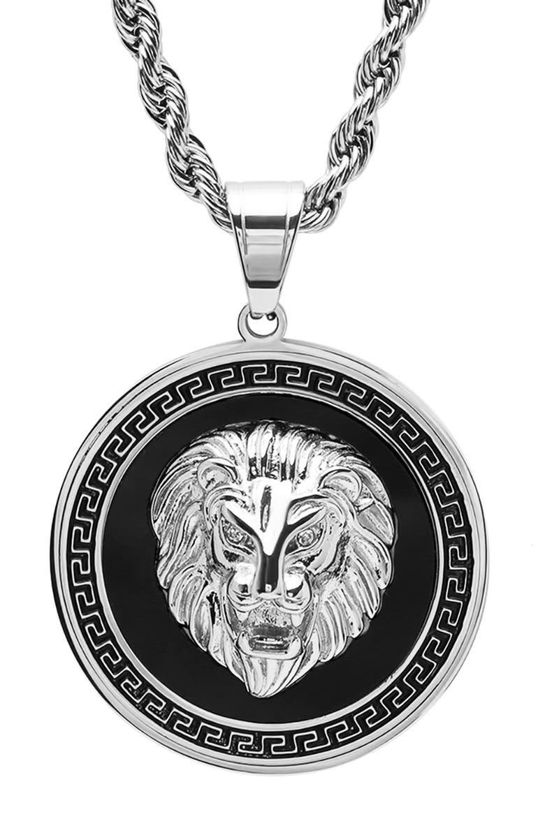 HMY JEWELRY Men's Stainless Steel Lion Head Pendant Necklace, Alternate, color, Silver/Black