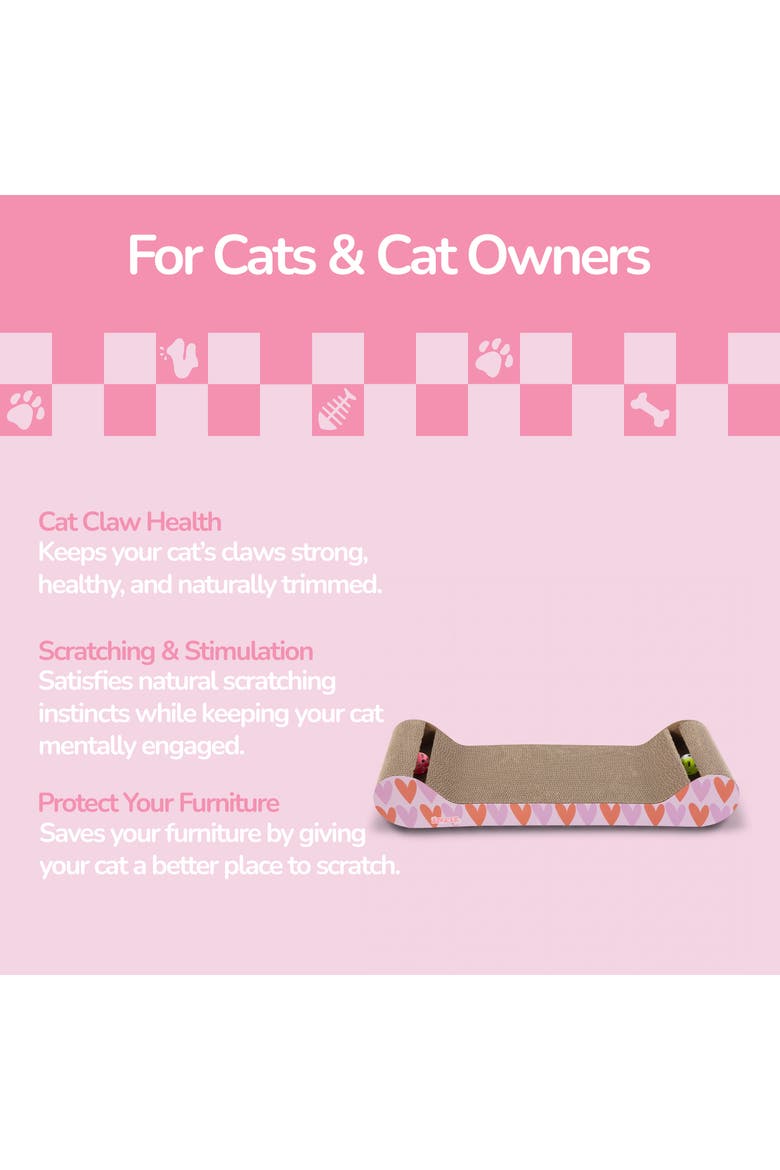Rini Modern Cardboard Lounge Bed Cat Scratcher with Built-In Bell Toys and Catnip, Alternate, color, Pink/Red