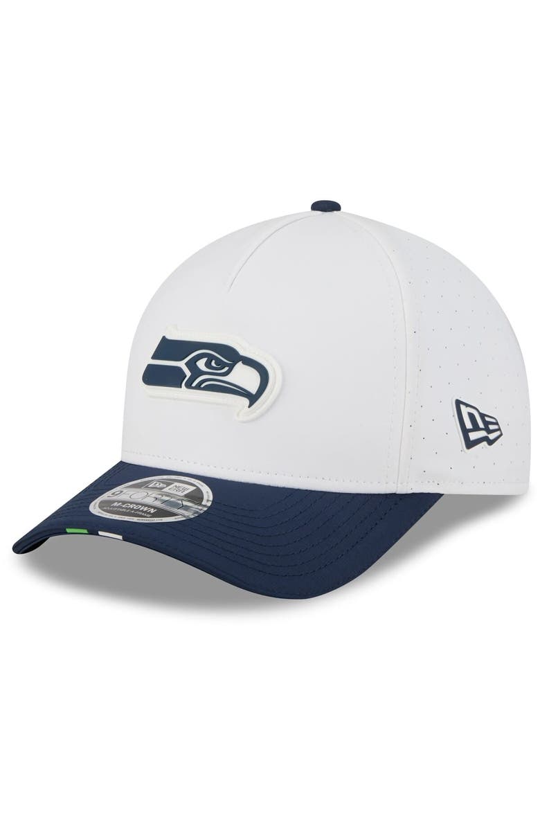 New Era Men's New Era  White/College Navy Seattle Seahawks 2025 NFL Training Camp A-Frame 9FORTY Adjustable Hat, Main, color, White