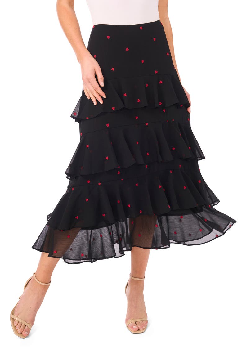 Embroidered Heart Ruffle Tiered Midi Dress, Main, color, RICH BLACK