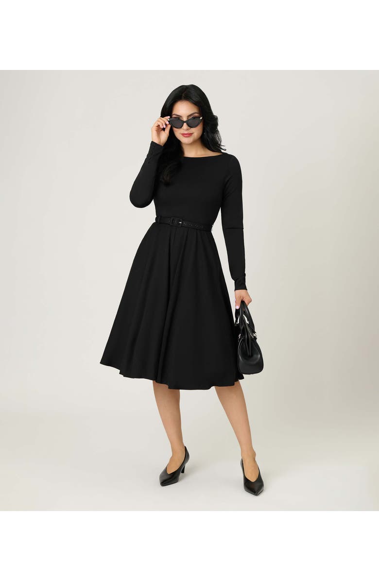 Unique Vintage Long Sleeve Belted Devon Swing Dress, Alternate, color, Black Solid