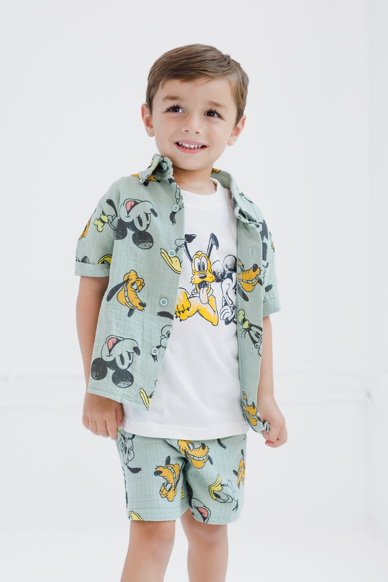 Mickey Mouse Button-Down Shirt, Tee and Shorts Set, Alternate, color, Sage Mickey Friends