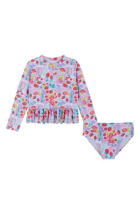 Kids' Ruffle Fruit Print Long-Sleeve Rib Two-Piece Swimsuit (Little Kid)