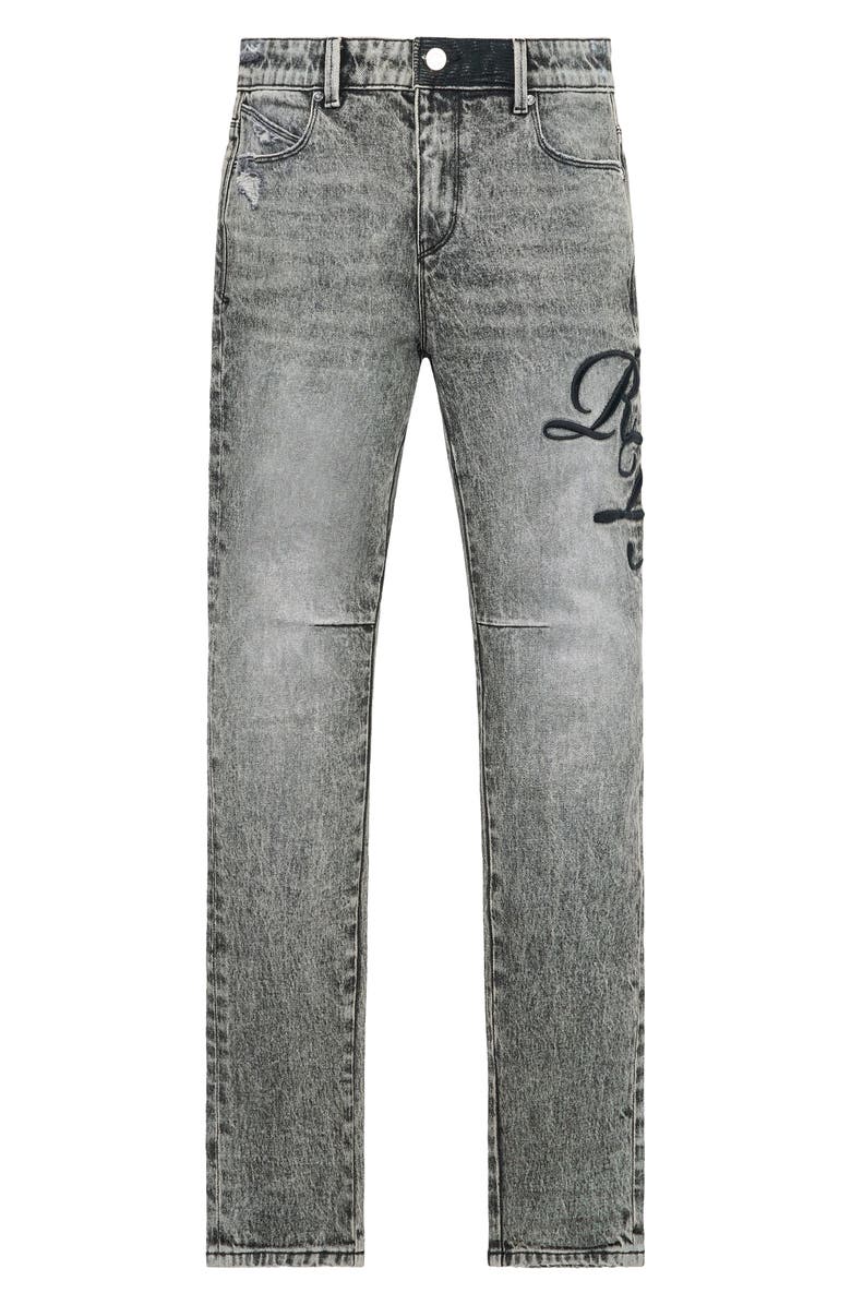 RtA Bryant Embroidered Skinny Jeans, Main, color, Stone Haze Cursive