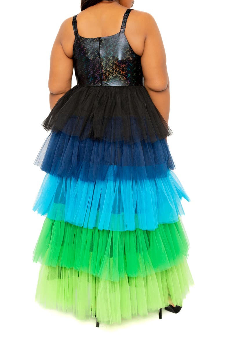 Colorful Tiered Faux Leather & Tulle Maxi Dress, Alternate, color, BLUE MULTI