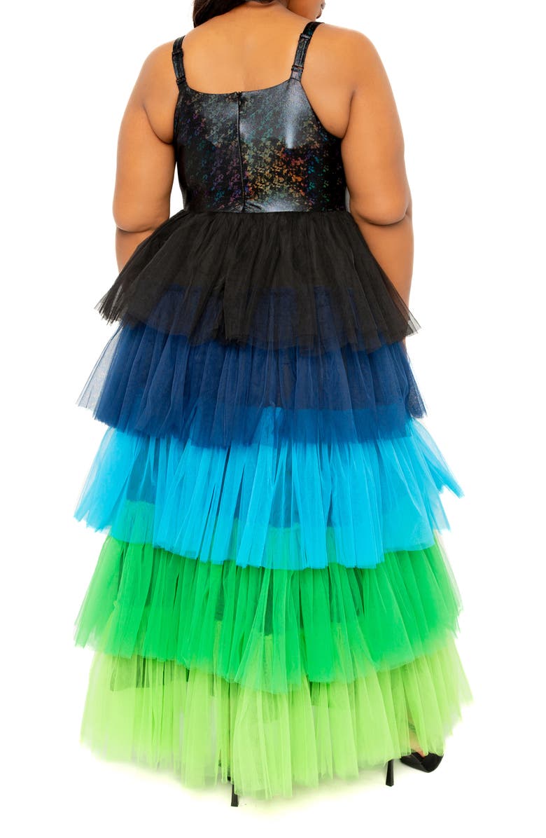 BUXOM COUTURE Colorful Tiered Faux Leather & Tulle Maxi Dress, Alternate, color, 