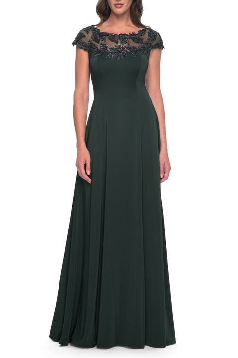 A-Line Satin Dress with Stunning Beaded Neckline and Short Sleeves