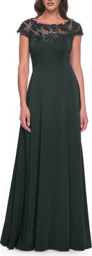 La Femme A-Line Satin Dress with Stunning Beaded Neckline and Short Sleeves