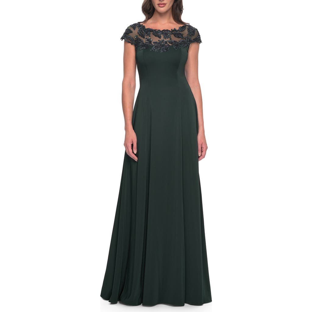 La Femme A-line Satin Dress With Stunning Beaded Neckline And Short Sleeves In Emerald