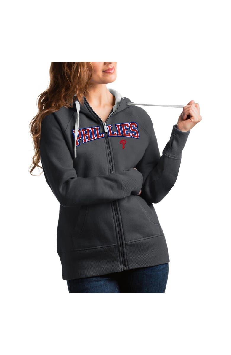 ANTIGUA Women's Antigua Charcoal Philadelphia Phillies Team Logo Victory Full-Zip Hoodie, Main, color, Charcoal