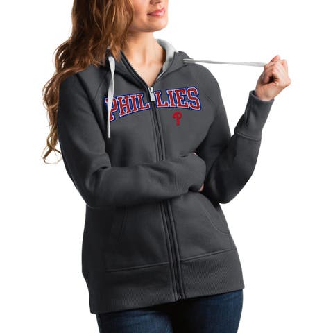 Women's Antigua Charcoal Philadelphia Phillies Team Logo Victory Full-Zip Hoodie