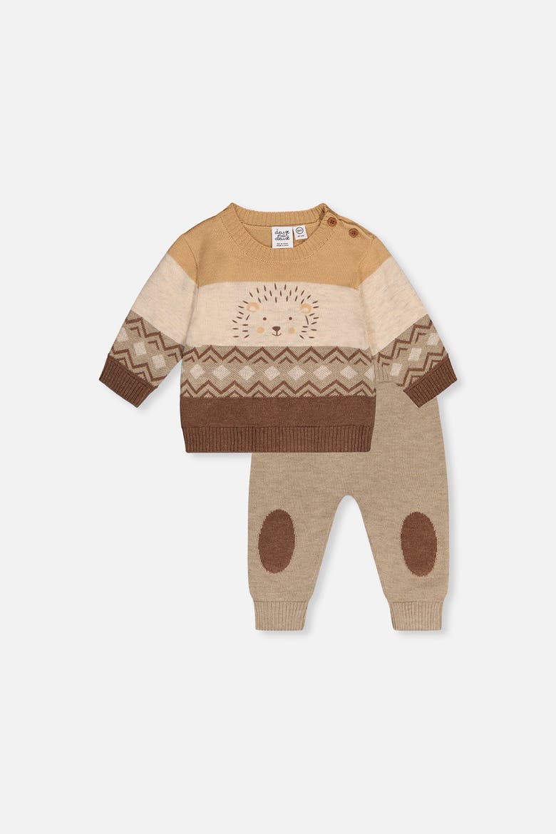 Knitted Hedgehog Intarsia Sweater and Knee Patch Pants Set, Main, color, Brown Cinnamon